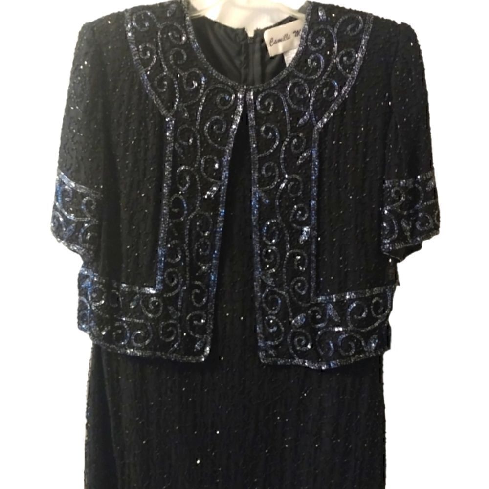 Camille Marie vintage black beaded gown long column dress size PM
